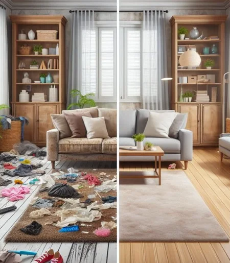 Living room before and after decluttering and organising